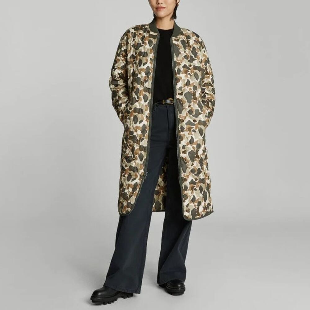 NWT Everlane The Renew Long Liner Zip Puffer Jacket Biscotti Camo Women's Size S